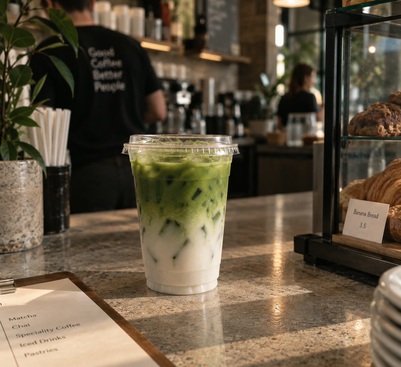 An iced matcha latte on a stone café counter with a pastry display case and barista behind