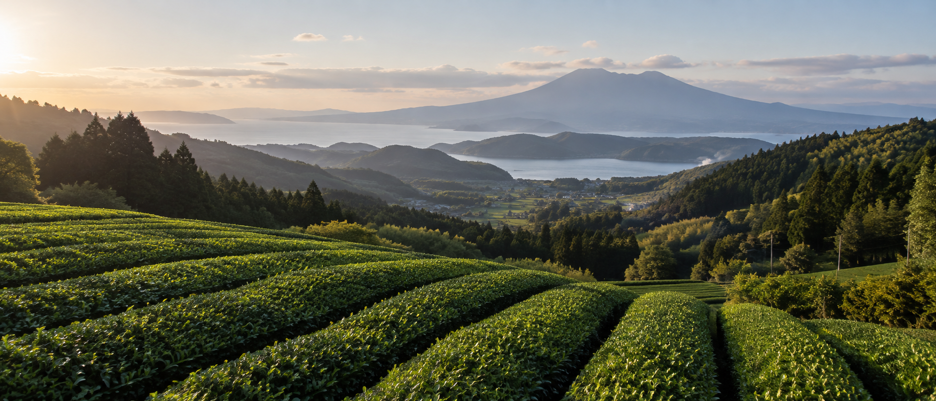 Tea fields in Kagoshima overlooking a lake and mountains at sunset