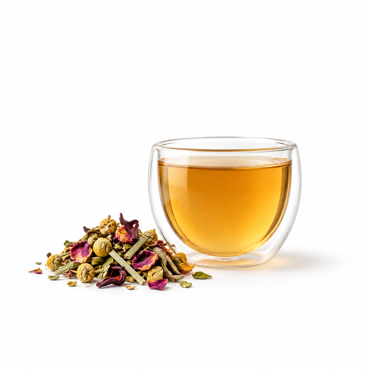 Loose leaf herbal tea in a clear glass cup beside a blend of dried herbs and flowers