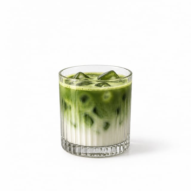 Iced matcha in a tall glass with milk and ice