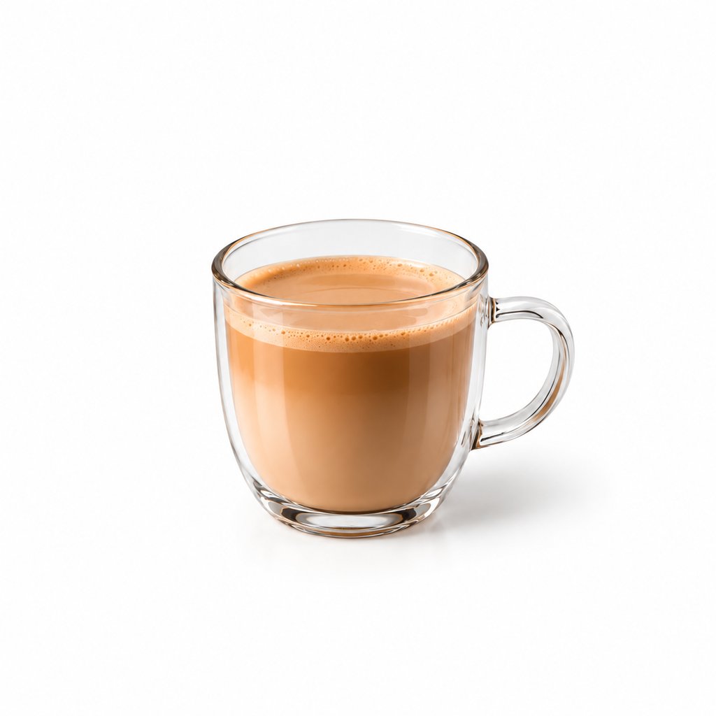 A chai latte in a mug with a soft milk foam
